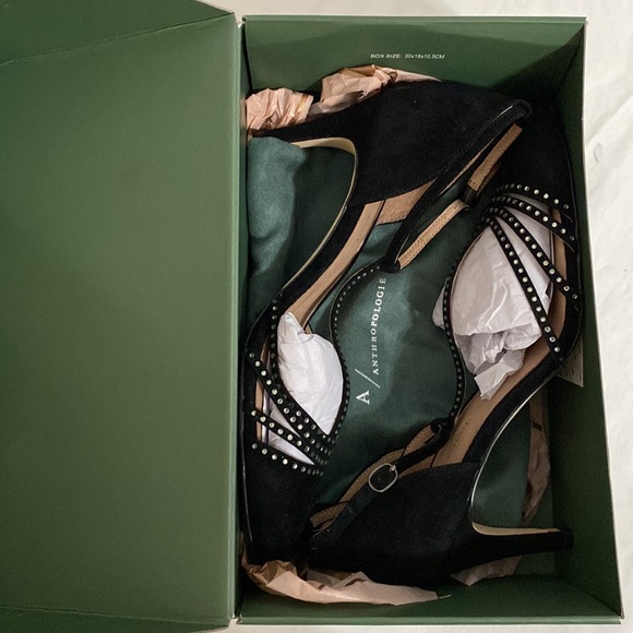 Anthropologie Pointed T-Strap Black Suede Rhinestone Heels - Picture 13 of 15